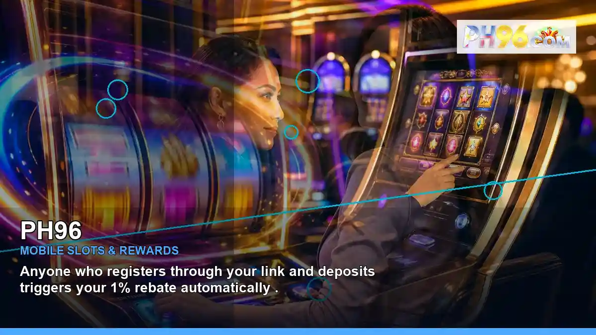 PH96 mobile casino first deposit rewards featuring an adult Filipina casino host with a left-diagonal composition