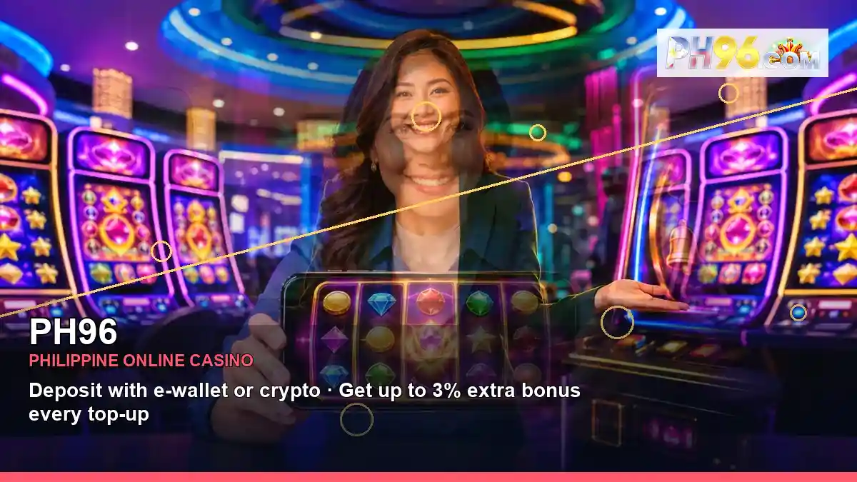 PH96 Philippines casino guide with centered VIP casino rewards and an adult Filipina casino host