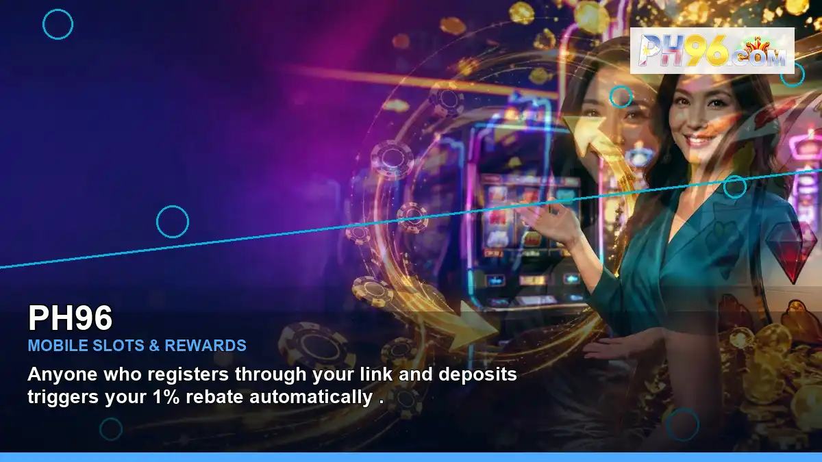 PH96 mobile casino first deposit rewards featuring an adult Filipina casino host with a wide-action composition